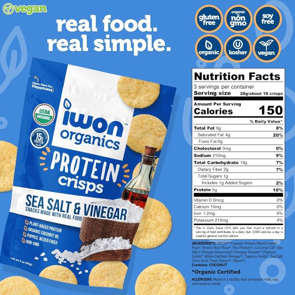 IWON Organics Protein Crisps - Sea Salt & Vinegar - 3oz Bag (3 Servings Per Bag) Online now