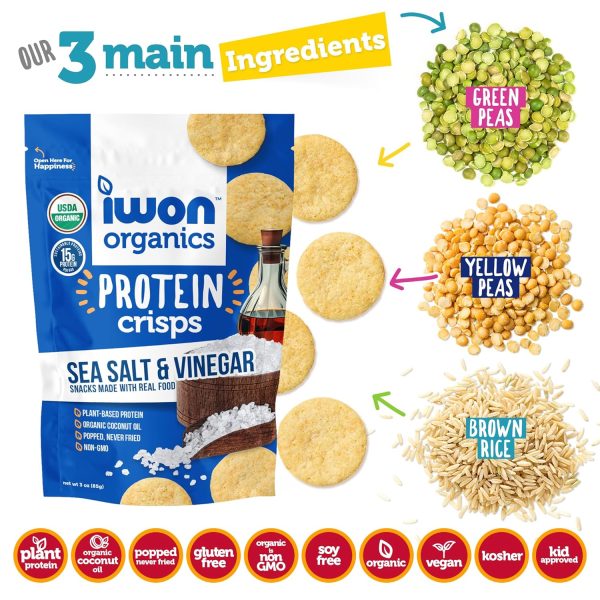 IWON Organics Protein Crisps - Sea Salt & Vinegar - 3oz Bag (3 Servings Per Bag) Online now