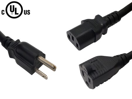 NEMA 5-15P to IEC C13 & NEMA 5-15R Power Splitter Cable - 16AWG (13A 125V) - SJT Discount